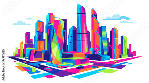 Vibrant WPAP style city skyline with colorful geometric skyscrapers and urban traffic
