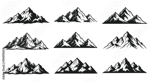 Black and white mountain range illustrations in various shapes and sizes