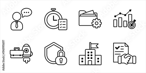 Outline Business Workflow And Corporate Management Icons Pack. Communication project planning protection and agreement line icon set