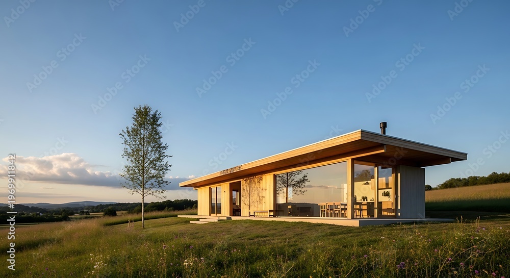 Fototapeta premium Minimalist modern home in a tranquil setting with expansive glass facade