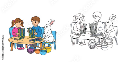 Children Weaving Easter Baskets with Bunny Illustration: Color and Black and White Line Art Version for Kids Coloring Book and Activities
