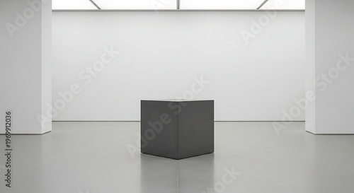 A black cube sits on a gray floor in a white room with pillars.