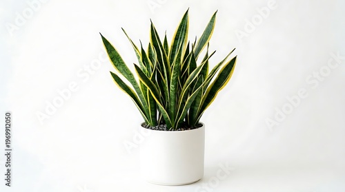 A potted snake plant with long green and yellow leaves in a white ceramic pot on a plain white surface and background  houseplant