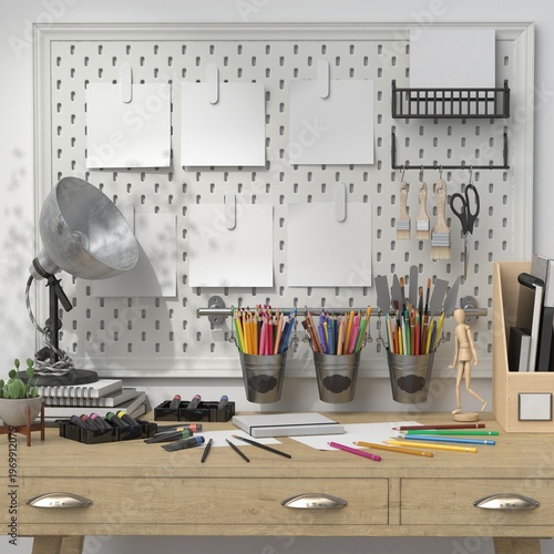 Minimal creative workspace with pegboard wall, art supplies and blank mockups