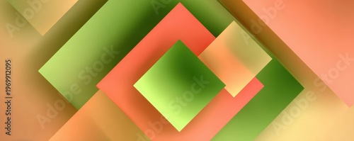 Abstract geometric composition featuring overlapping squares in vibrant green and coral orange tones