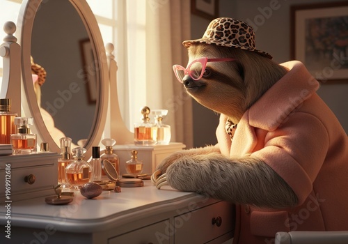 Glamorous sloth in stylish outfit gets ready at a vanity table with perfumes