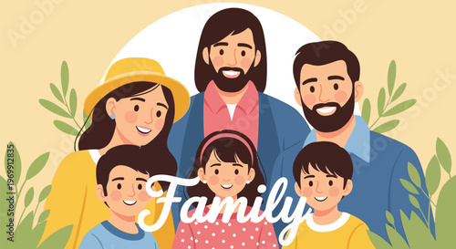 Happy family with two parents and three children smiling together in a warm sunny setting outdoors