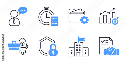 Office Business Management And Collaboration Icons Pack. Project settings deadline control and corporate agreement vector icons