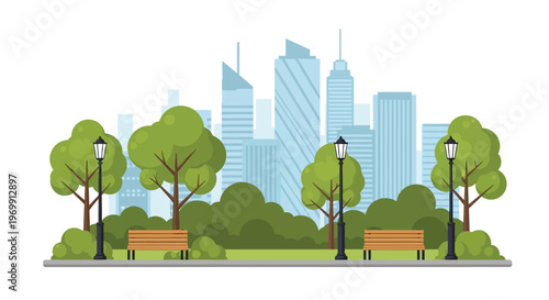 Urban park with benches and street lamps in front of a city skyline