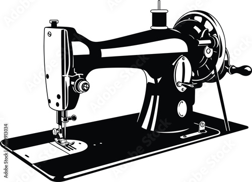 Black and white of a vintage sewing machine with a hand crank retro antique