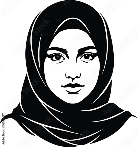 Black and white of a woman wearing a hijab female face portrait