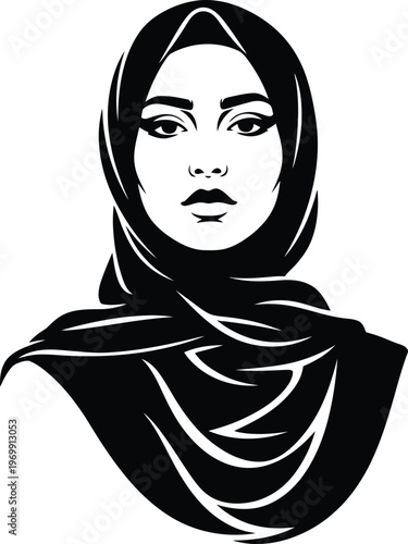 Black and white of a woman wearing a hijab female headscarf muslim