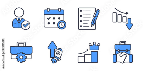 Office Business Management And Corporate Collaboration Icons Set. Employee approval workflow performance tracking and partnership vector icons