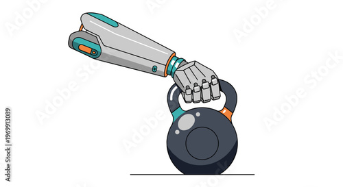 Vector illustration of bionic prosthetic hand holding kettlebell, modern technology for adaptive sports and inclusive fitness