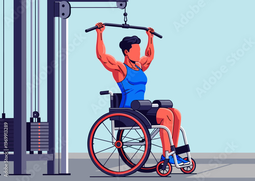 Adaptive lat pulldown exercise, man in wheelchair training back muscles in gym, inclusive fitness equipment for people with disabilities, upper body strength workout