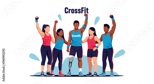 Group of diverse athletes celebrating success in CrossFit training  