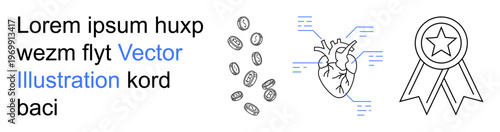 Finance, medical diagrams, reward systems, digital innovation, cardiology studies, achievement. a heart diagram, coins and a ribbon. Finance and medical diagrams concept