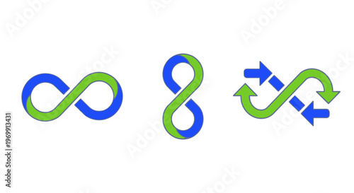Infinity Symbols with Blue and Green Intertwined Loops and Arrows Representing Cycles