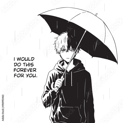 Anime man with umbrella, romantic quote, manga style, black and white, vector illustration, emotional expression