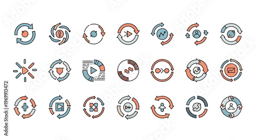 Process and Workflow Cycle Icons Set in Modern Line Art Style