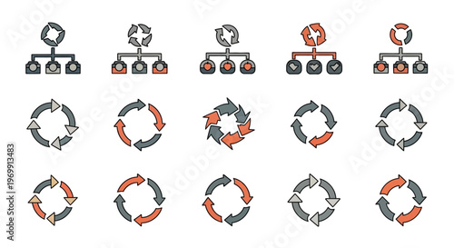 Process Cycle and Organizational Hierarchy Vector Icons Set