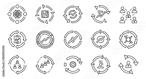 Process Cycle Icons Set: Business Workflow, Development, and Teamwork Line Art