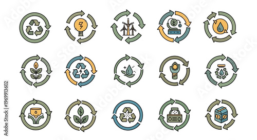 Recycling and Sustainability Icons Set. Eco-Friendly, Renewable Energy, and Environmental Protection Symbols