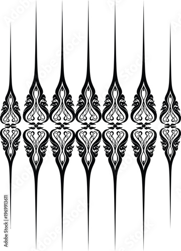 Black ornate floral scrollwork pattern with pointed finials white