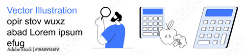 Budget tracking, nutrition planning, financial analysis, diet management, healthy habits, education. A man holds a magnifying glass, fruits and calculators. Budget tracking and nutrition planning