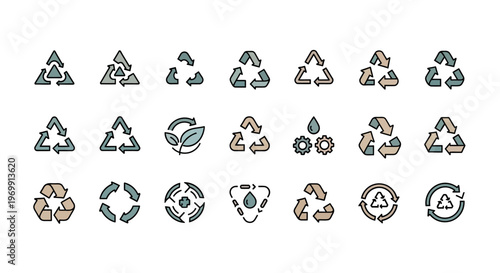 Recycling icons set. Eco-friendly symbols for sustainability, waste management, and environmental protection.