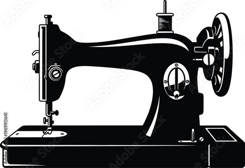 Black silhouette of a vintage sewing machine with a spool of thread retro black and white