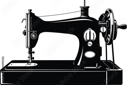 Black silhouette of a vintage sewing machine with spool of thread and handwheel black and white retro