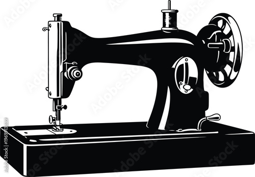 Black silhouette of a vintage sewing machine with a spool of thread retro black and white 1