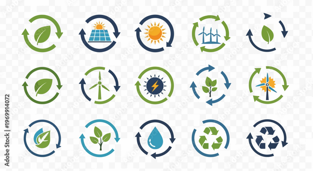 Fototapeta premium Renewable Energy and Ecology Icons Set - Sustainable Green Technology Symbols