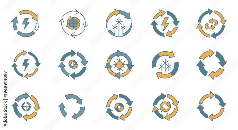Fototapeta premium Renewable Energy and Recycling Icons Set: Sustainable Circular Economy Symbols
