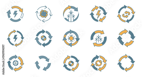 Renewable Energy and Recycling Icons Set: Sustainable Circular Economy Symbols