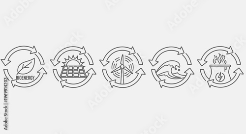 Renewable Energy Icons Set - Solar, Wind, Hydro, Geothermal, Bioenergy - Sustainable Power