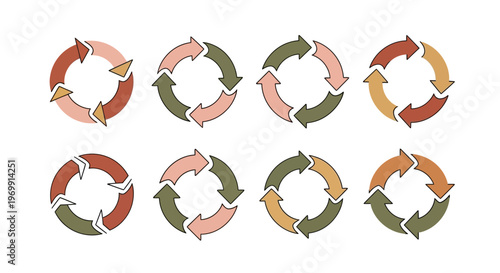 Set of Circular Arrow Cycle Diagrams for Process Flow, Business Workflow, and Infographic Elements