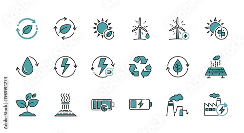Renewable Energy Icons Set: Sustainable Power, Green Technology, and Eco-Friendly Symbols