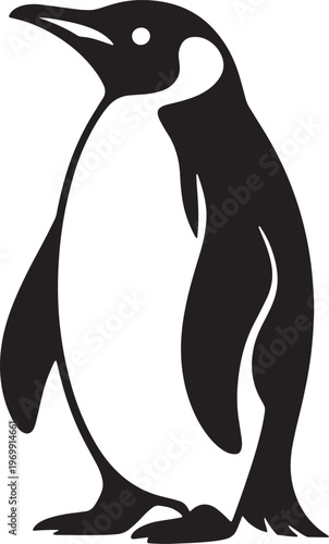 Black and white silhouette of an emperor penguin standing upright on a white background