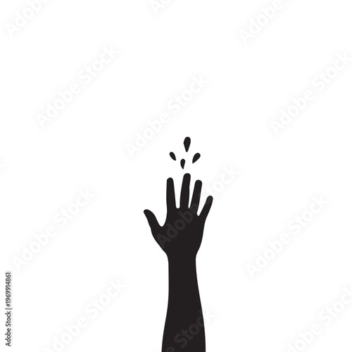 Hand gesture, palm up, releasing particles, black silhouette, icon, symbol