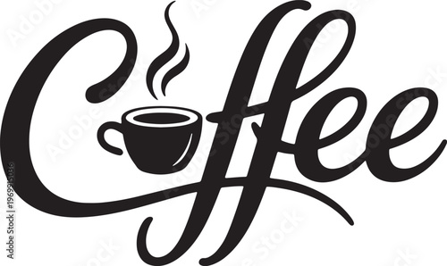 Black coffee cup with steam integrated into the word coffee in a script font beverage