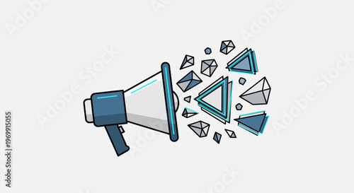 Megaphone with exploding geometric shapes and triangles, abstract communication concept