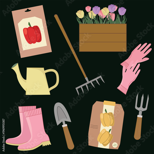 Set of spring gardening elements, including tools, seed packets, flowers boots and watering can, and equipment, flat isolation vector illustration