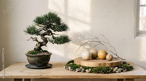 Bonsai tree on wooden table with decorative stones and balls  serene indoor arrangement