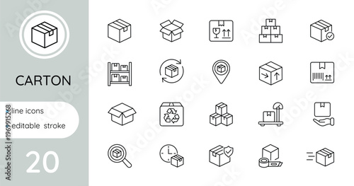 Linear icons of boxes. A set of cardboard packaging icons. Editable.