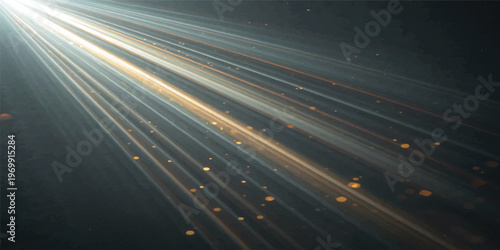 An abstract perspective of fast moving traffic on a city highway at night shows motion blur on the asphalt road as cars drive through the landscape during a high-speed transport journey