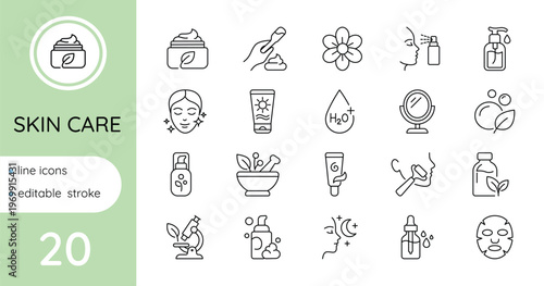 Skin care line icons set. Editable.