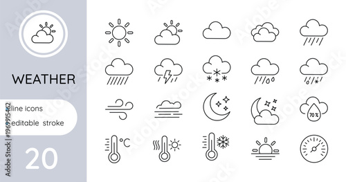 Weather forecast line icons. Set. Editable.