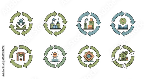 Sustainable energy and industrial ecology icons set, circular economy concepts